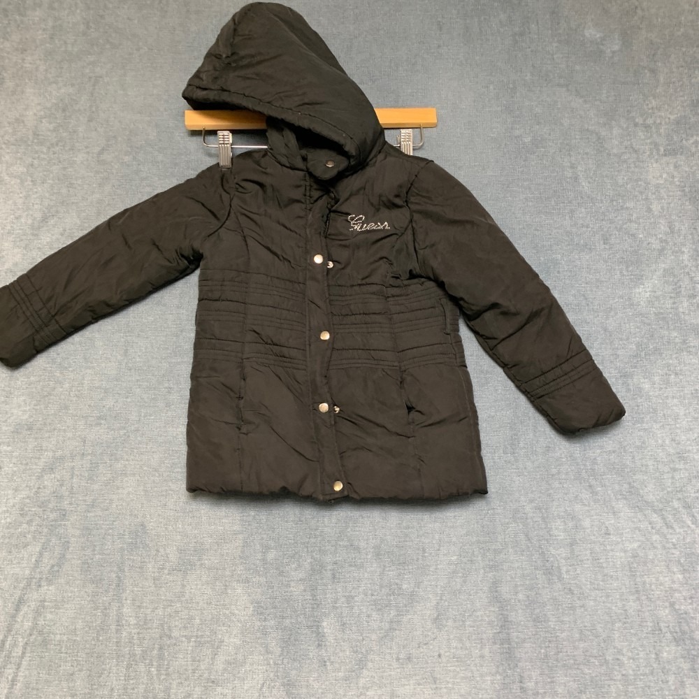 Guess Puffer Jacket Girls 6 Black Padded Button Front Hooded Pockets Winter